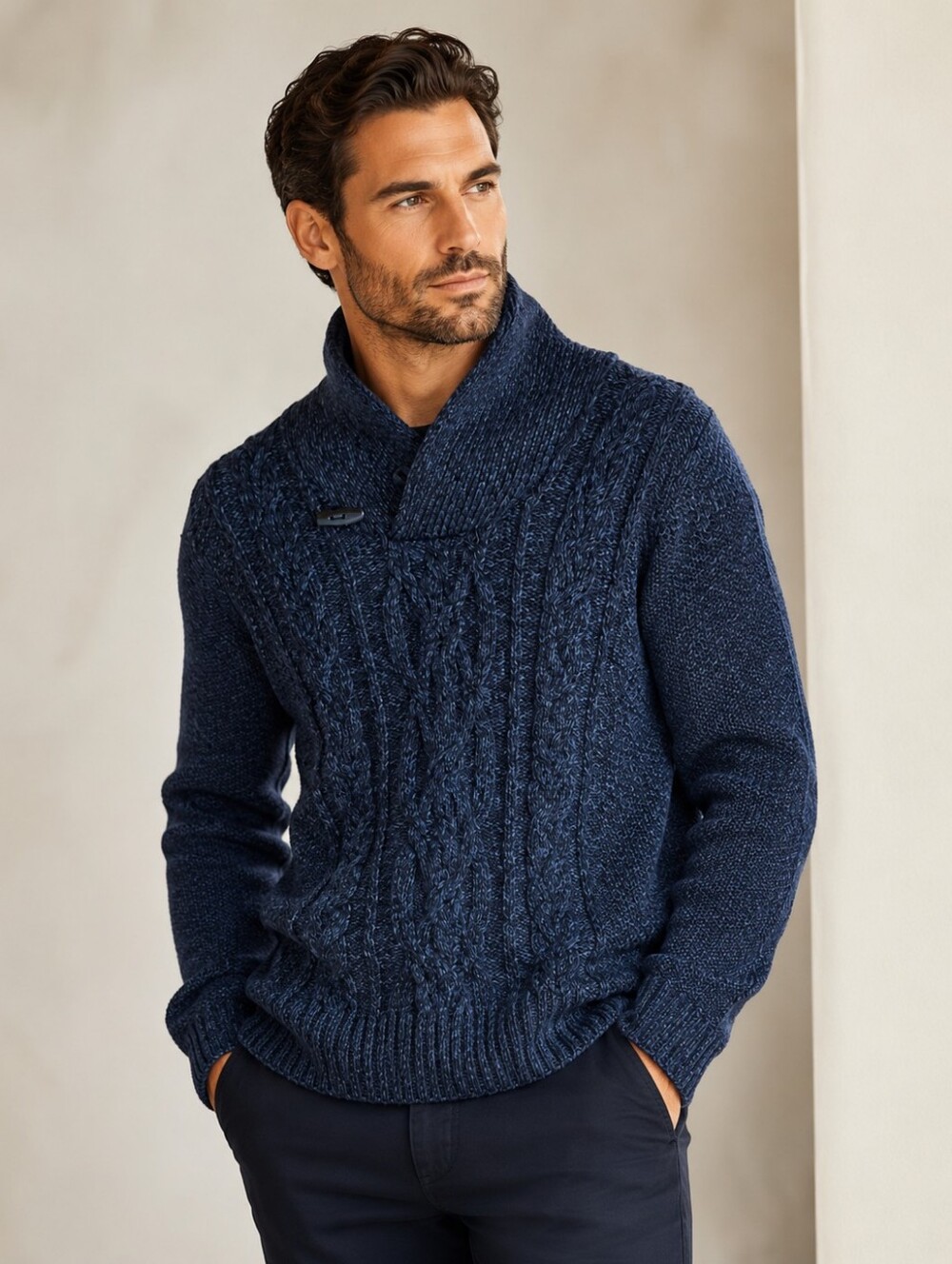 Paolo Mondo Made in Italy Men’s Navy Cable Knit Shawl Collar Toggle Sweater M